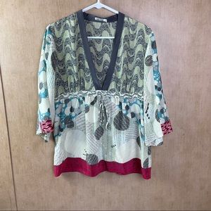 Whitley 100% Silk Plunging V-neck Blouse with Tie Waist Size Small